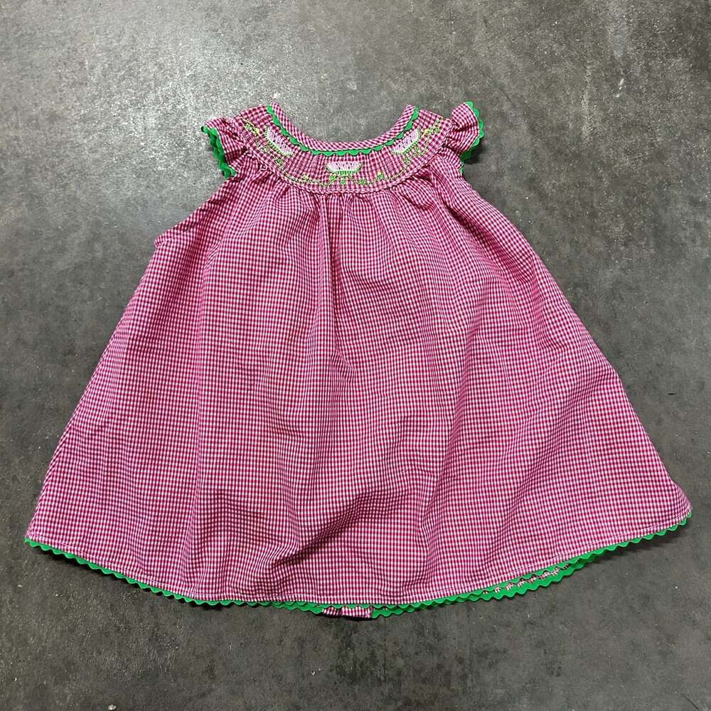 b.t. kids Pink Gingham Smocked Dress with Watermelon Embroidery